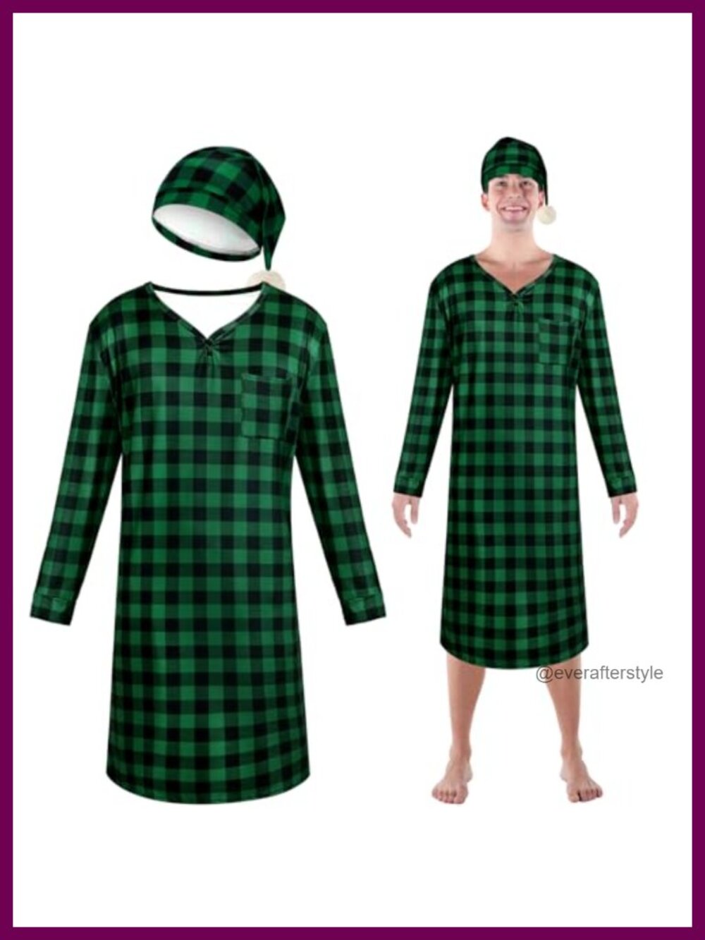 Mens Christmas Pajama Set with Cap Plaid Sleep Shirt Hat